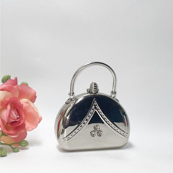 Unique Hardcase Silver Hinged Purse with Rhinestones - Picture 1 of 10